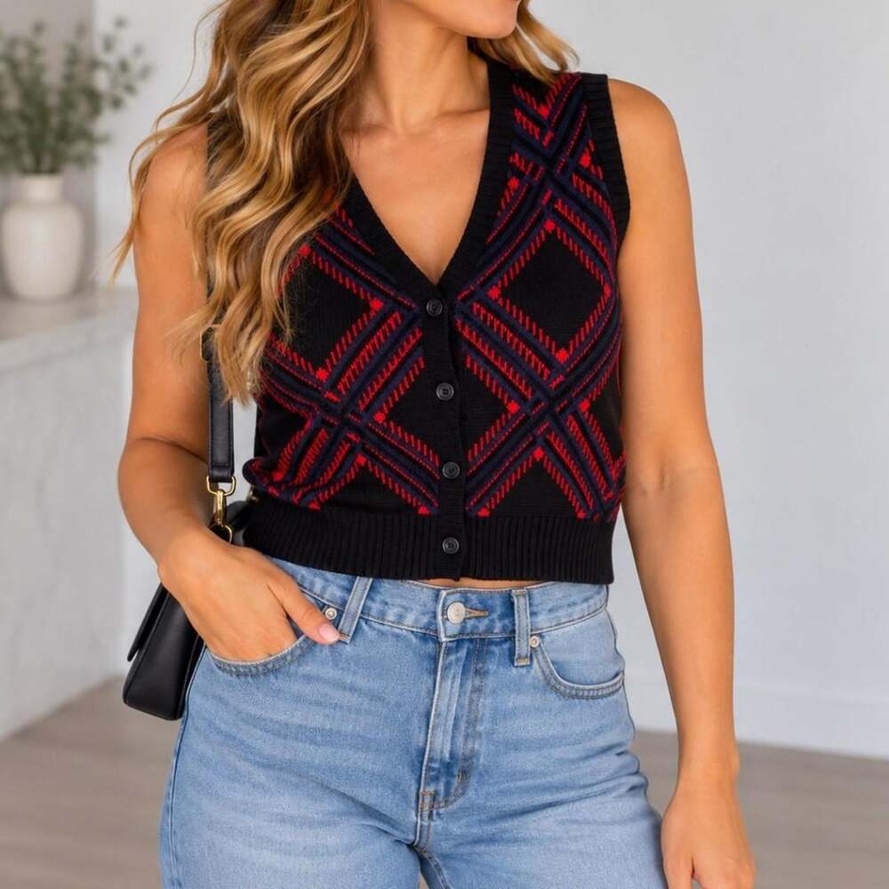 ❤️ Rue 21 Black & Red Y2K Geometric Sweater Vest